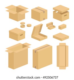 Carton box pack set. Closed and opened brown carton packing boxes vector flat items on white