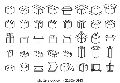 Caja de cartón y conjunto de iconos lineales de empaquetado, Vector.