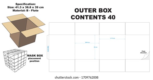 carton box for packing mask box with 40 boxes.  the size of the mask box to be packed is 19 x 10 x 7.5 cm.