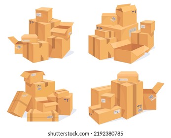 Carton box stack. Stacked parcel cardboard packages, lot isometric boxes pile delivery return courier cargo stockpile move service packing stock mail pack, neat vector illustration of stack carton