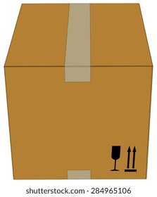 Carton box with tape on isolated white background, top view. Vector illustration