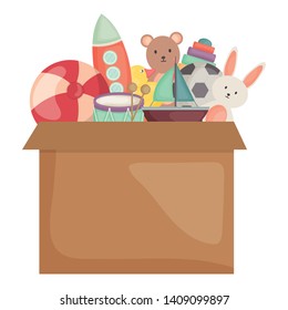 carton box with toys icons square frame and birthday elements vector illustraitor
