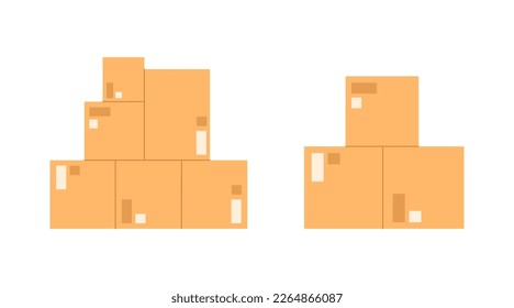 Carton boxes with duct tape and labels. Logistics services and transportation, moving personal belonging. Cargo delivery. Flat cartoon, vector illustration