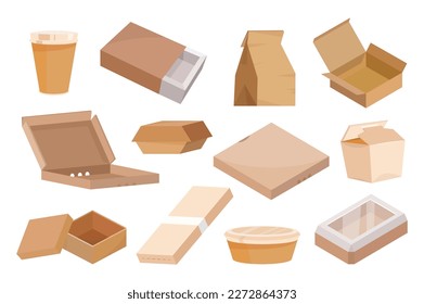 Cajas de cartón para ilustraciones vectoriales de comida rápida establecen el concepto de íconos sin que la gente esté presente en el diseño de la caricatura. Imagen de cajas de cartón para varios alimentos que se pueden reciclar. Ilustración vectorial.