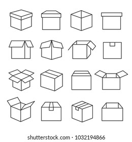 Carton Boxes Icon Set. Paper Box Collection For Packaging Goods And Materials, Used For Sending Items Through The Postal Services. Vector Line Art Illustration Isolated On White Background