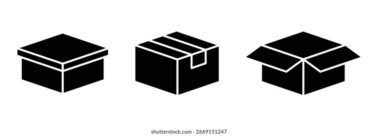 Cajas de cartón icono conjunto. Colección de caja de papel para el embalaje de mercancías y materiales, utilizada para el envío de artículos a través de los servicios postales. Ilustración vectorial aislada sobre fondo blanco. EPS 10