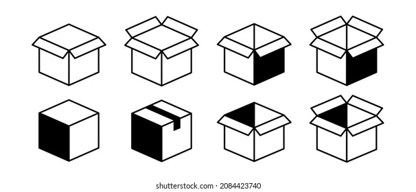 Cajas de cartón línea de iconos vectoriales establecidos. Cajas de envío abiertas vacías o líneas de desboxeo