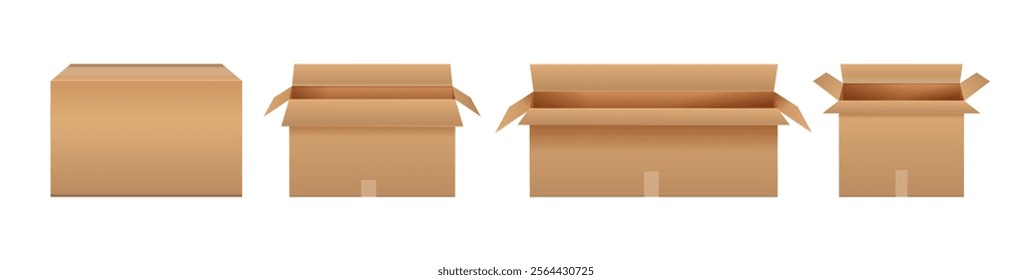 Carton boxes for moving or transportation of personal belongings. Vector recycling cardboard delivery crates or postal parcel packaging in various shapes. Logistics services and transportation