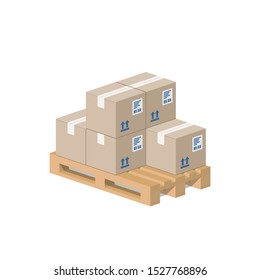 Carton boxes on wooded pallet. Concept of the warehouse. Isometric style. Illistratio isolated on white background.