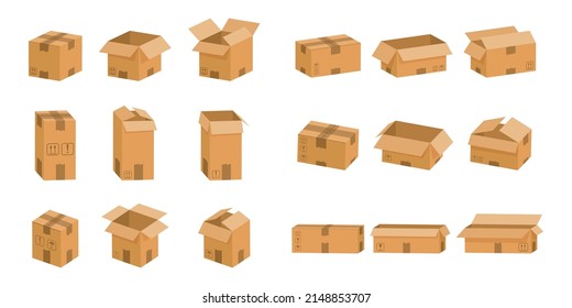 Carton boxes. Open and closed cardboard objects. Vector paper parcel for post delivery