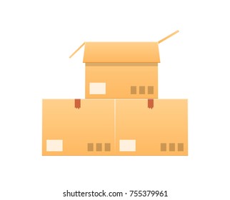 Carton boxes set. Box cardboard, package, packaging, icons. Open box and closed box. Pile of stacked sealed goods cardboard boxes. Gifts, cargo delivery, parcels, freight. Vector illustration.