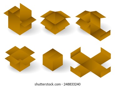 Carton Boxes set. In different positions. (Logistics, delivery, industrial paper folding concepts)