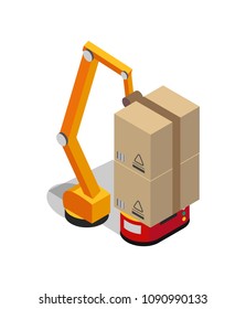 Carton boxes set and special transportation robot and hydraulic machine with mechanic arm using for packing, isolated on white vector illustration