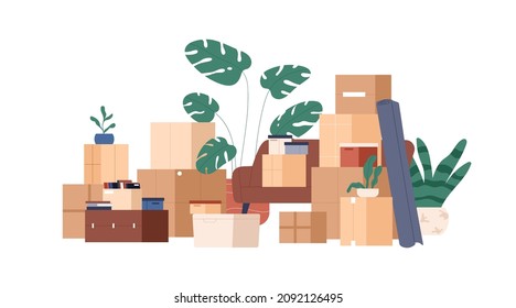 Carton boxes stack with stuff for relocation. Cardboard containers pile. Many packages, house plants for moving and relocating. Packed belongings. Flat vector illustration isolated on white background