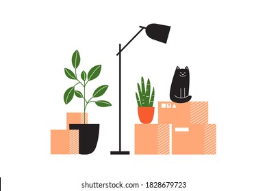 Carton boxes with stuff, lamp, houseplants and cat waiting for relocation. House moving service concept. Cardboard packages with household items. Moving into new home or apartment. Vector illustration