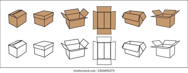 Cajas de cartón con iconos vectoriales establecidos. Juego de iconos de línea de caja, Ilustración vacía abierta o desboxeadora, signo.
