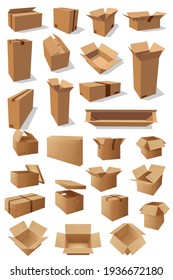 Carton boxes, vector parcels for goods packaging isolated empty transportation cardboard containers. drawers and crates, close and open cargo distribution packs. Cartoon shipping boxes for freight