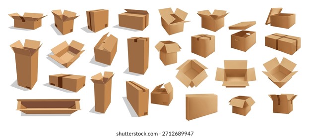 Faltschachteln, Vektorpakete für Warenverpackungen, einzelne leere Transportkartonbehälter. Schubladen und Kisten, geschlossene und offene Ladungsverteiler. Cartoon Versandkartons für Fracht