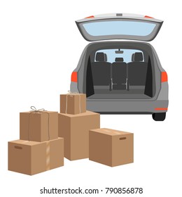 Carton Boxex In The Boot Of The Car.  Removal Into A New House. Vector Illustration Isolated On White Background