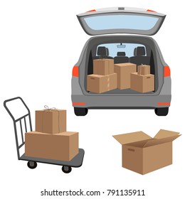 Carton boxex in the boot of the car.  Removal into a new house. Vector illustration isolated on white background