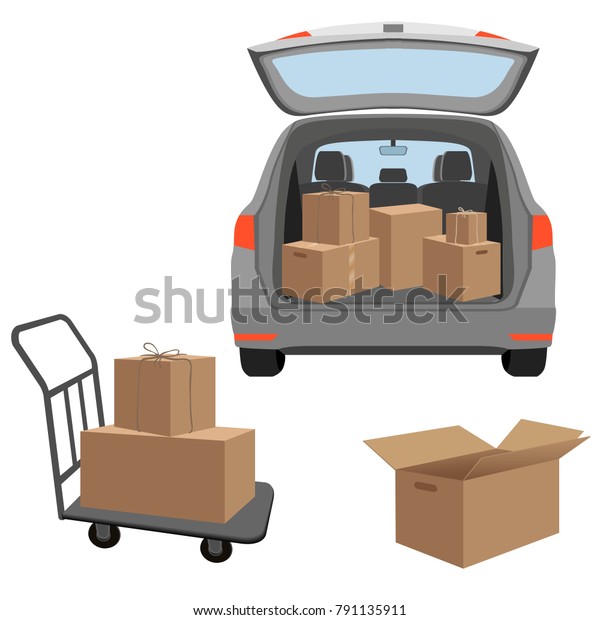 Carton boxex in\
the boot of the car.  Removal into a new house. Vector illustration\
isolated on white\
background