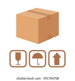 Carton cardboard box delivery concept with fragile symbols, vector illustration