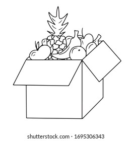 Carton cardborard box with fresh fruits and vegetables, provision. Vector illustration in cartoon doodle outline style. Ready boxes in supermarket and shops. Fast delivery to home