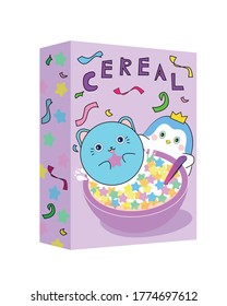 Carton of cereals vector illustration isolated. Kawaii package design of cereals for kids. A bowl of star cereals with milk vector illustration. 