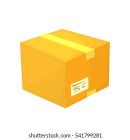 Carton container vector illustration, cardboard box pack with handling packing text stickers, bar code, closed parcel case, package paper box flat cartoon design isolated on white.