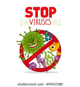 Carton coronavirus characters isolated vector illustration on white background. Cute fly germ virus infection vector characters. Coronavirus 2019-nCoV or SARS-CoV-2, COVID-19. Stop coronavirus label.