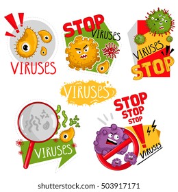 Carton coronavirus characters isolated vector illustration on white background. Cute fly germ virus infection vector characters. Coronavirus 2019-nCoV or SARS-CoV-2, COVID-19. Stop coronavirus labels.