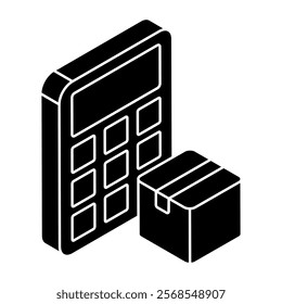 Carton with cruncher, icon of parcel calculation
