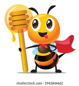 Carton cute bee with superhero cloak costume and holding honey dipper. Cute bee feel tasty with honey. Bee mascot character