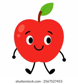 carton cute red apple walking on white background