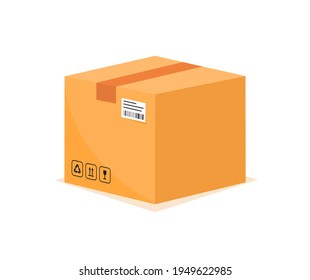 Carton delivery packaging. Cardboard closed box with fragile signs and cargo marking. Sealed parcel. Vector illustration.