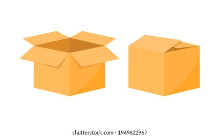 Carton delivery packaging. Cardboard open and closed box. Empty packaging parcel. Vector illustration.