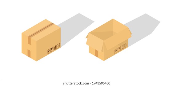 Carton delivery packaging closed box with fragile signs. Cardboard box. Isometry.  Transportation, shipping. Vector illustration. 