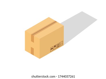 Carton delivery packaging closed box with fragile signs. Cardboard box. Isometry.  Transportation, shipping. Vector illustration. 
