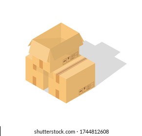 Carton delivery packaging closed box with fragile signs. Cardboard box. Isometry.  Transportation, shipping. Vector illustration. 