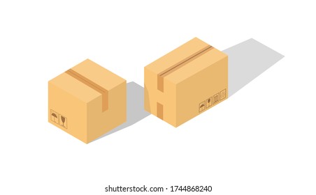 Envase de cartón con caja cerrada con carteles frágiles. Caja de cartón. Isometry.  Transporte, envío. Ilustración vectorial. 