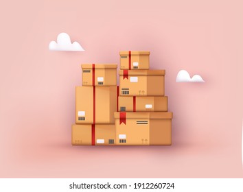 Carton delivery packaging with fragile signs. 3D Vector Illustrations.