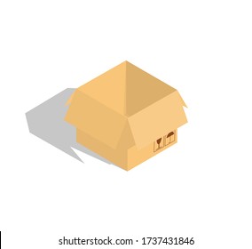 Caja abierta con cartón con cartón frágil. Caja de cartón. Isometry.  Transporte, envío. Ilustración vectorial. 