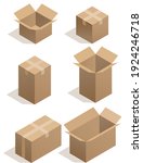 Carton delivery packaging open and closed box with fragile signs. Cardboard box mockup set.