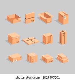 Carton delivery packaging open and closed boxes on a grey background. Vector illustration.
