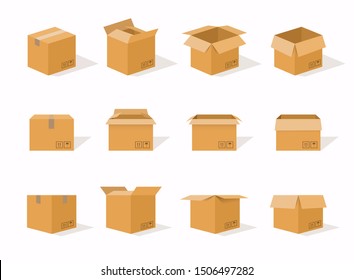 Картонная упаковка для доставки открытая и закрытая коробка с хрупкими знаками. Набор макетов картонной коробки.