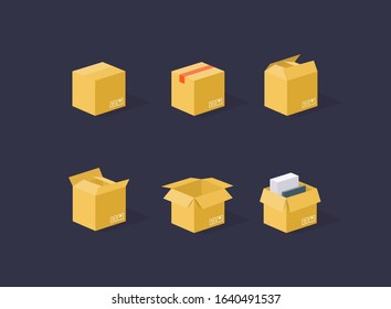 Carton delivery packaging open and closed box with fragile signs. Cardboard box mockup set.