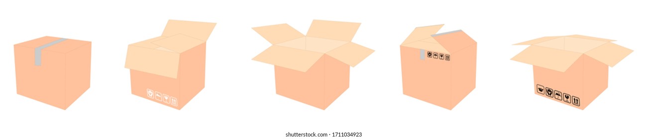Embalaje de cartón abierto y caja cerrada con carteles frágiles. Conjunto de maquetas de cajas de cartón. Imágenes de cajas de embalaje de cartón vectorial
