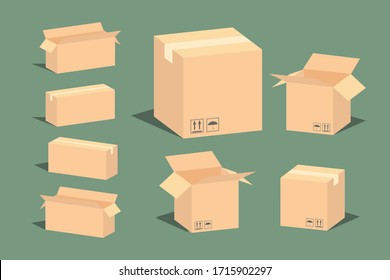 Carton delivery packaging open and closed box with fragile signs. Vector illustration isolatedon white background for web, icon, info graphic. EPS