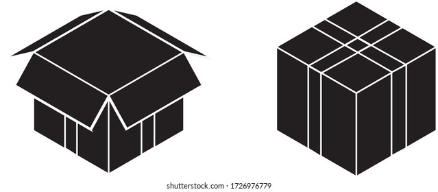 Embalaje de entrega de cartón abierto y caja cerrada con signos frágiles. juego de simulación de caja de cartón negro. Ilustración del vector
