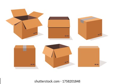 Carton delivery packaging open and closed boxes. Cardboard box set. Flat vector illustration isolated on a white background